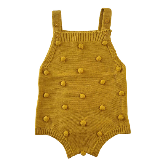 Load image into Gallery viewer, Mustard Knitted Pom Pom Romper Dot &amp;amp; Leopard
