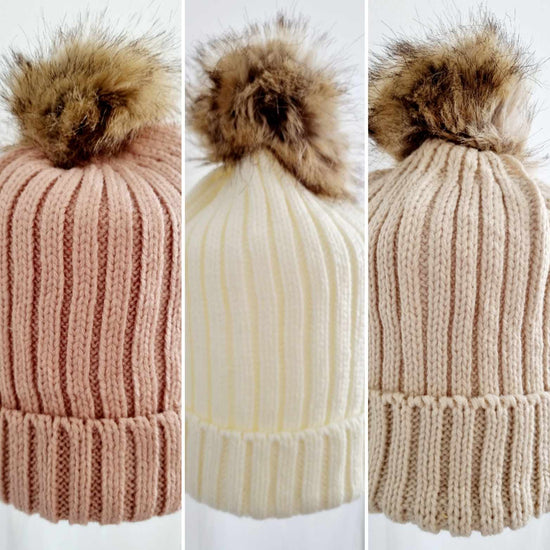 Caramel, Cream and Dusty Pink Soft Knit Pom Pom Unisex Beanies Super Soft and Gentle Knit Fabric