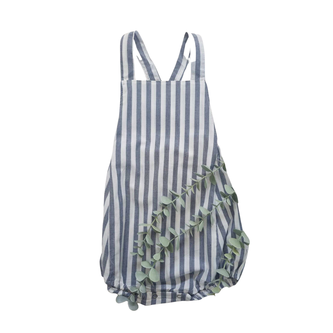 Load image into Gallery viewer, Blue Stripes Unisex Linen Overall Romper Dot &amp;amp; Leopard 
