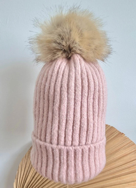 Load image into Gallery viewer, Soft Knit Pom Pom Pink Beanie Dot &amp;amp; Leopard

