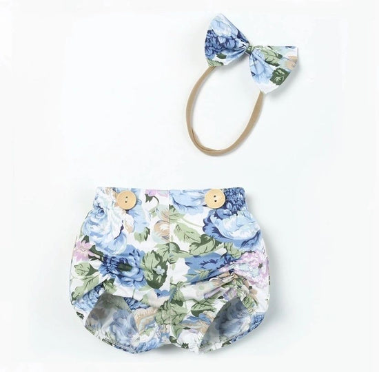 Load image into Gallery viewer, Blue Floral Rouched Shorts with headband Dot &amp;amp; Leopard
